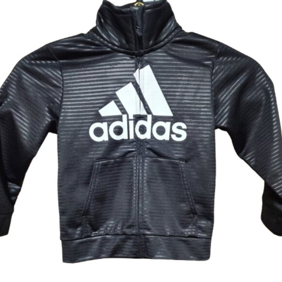 Adidas Boys Black Tonal Stripe Zip Up Logo Track Jacket With Pockets Size 3 T - Picture 1 of 7